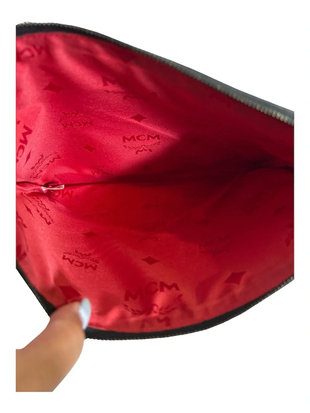MCM White Leather Clutch with Red Lip Print